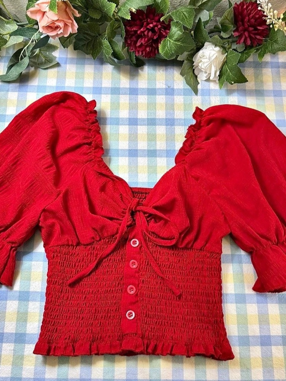SHEIN Puff Sleeve Tie Front Crop Top Red Size Medium